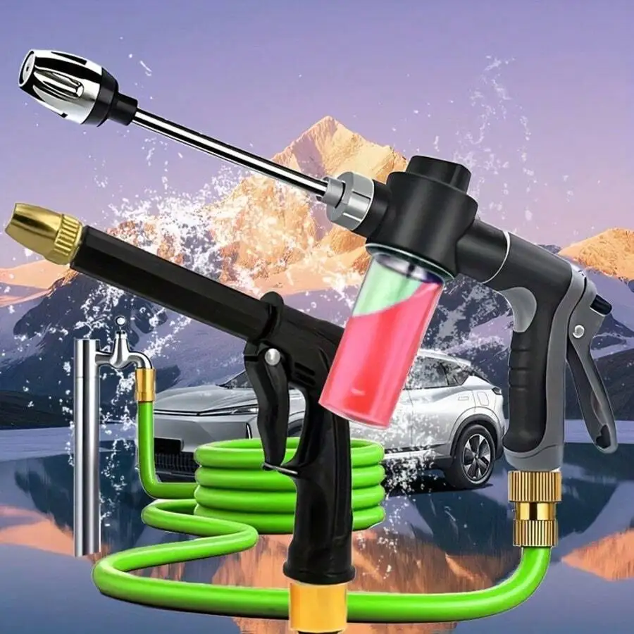 High-Pressure Car Wash Water Gun With Foam Tank Adjustable Garden Hose Nozzle 3/4 & 1/2 Inch Quick Connect view 2