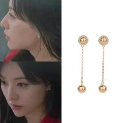 Korean Drama Tears Queen Kim Ji woon's Same Round Bead Tassel Earrings, Elegant Women's Silver Needle Jewelry Accessories Gift