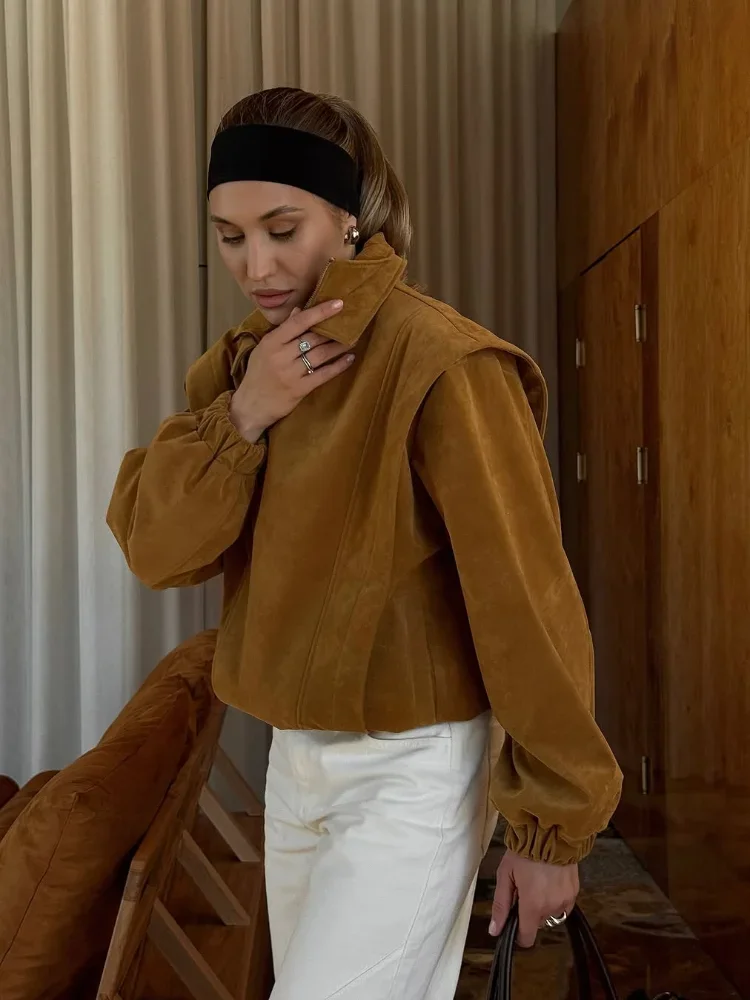 Giacca casual in tessuto scamosciato con cerniera raglan da donna Chic bavero manica intera tasca cappotto corto allentato Lady nuovo autunno quotidiano streetwear