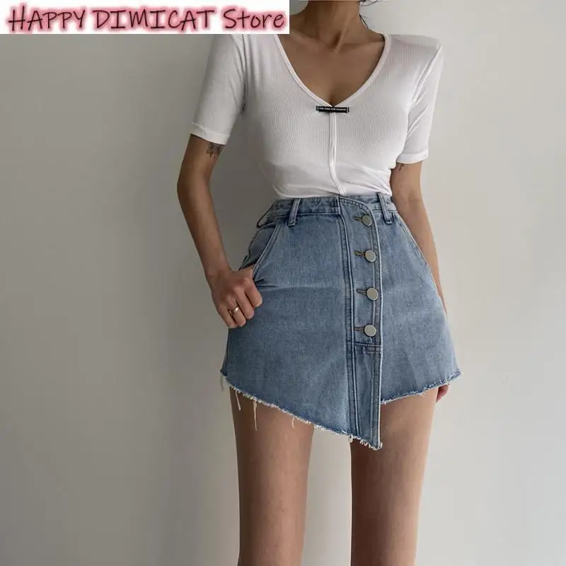 

Women's Irregular Denim Shorts Skirts, Chic Mini Skirt, Korean Buttons, Casual A-Line High Waist, All-Match Streetwear, Summer