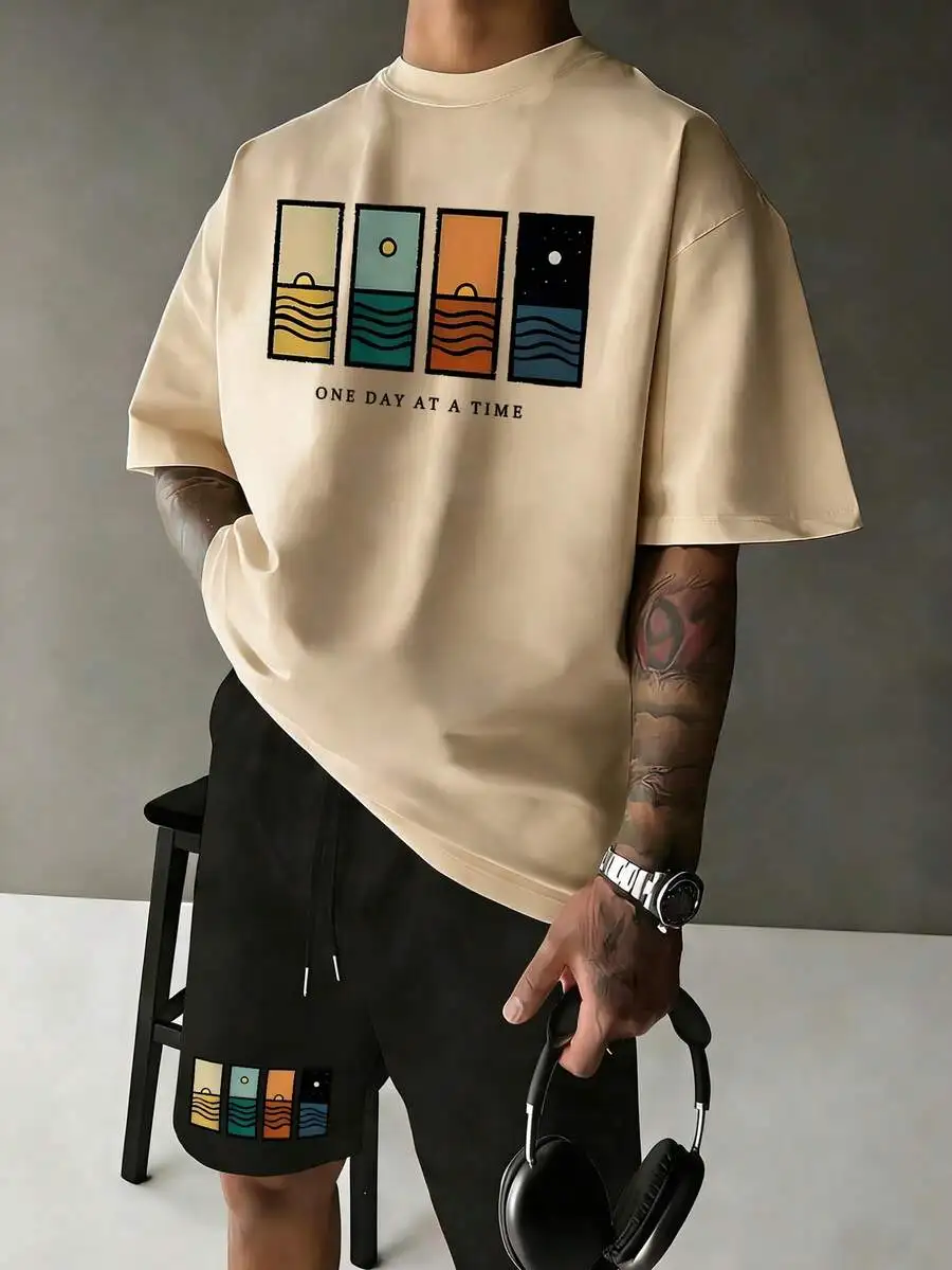 

Mens Summer Minimalist Vintage Graphic Print Round Neck Short Sleeve T-Shirt And Drawstring Waist Shorts Set