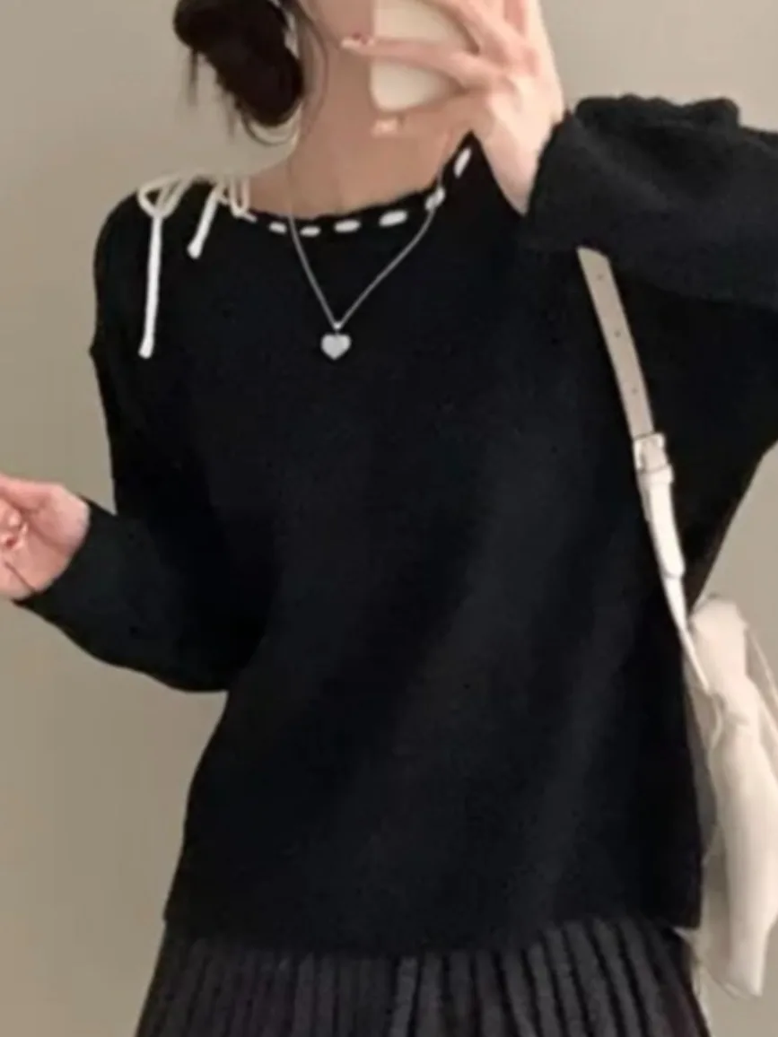 Chic Early Spring Color Blo Long Sve Loose Women's Knitted Sweater round Ne Overhead Soft Warm Versatile  Knot