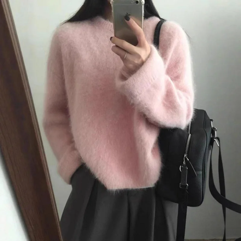 

Нежный розовый норковый бархатный базовый свитер для женщин, новый осенне-зимний стиль, ленивый пушистый вязаный топ