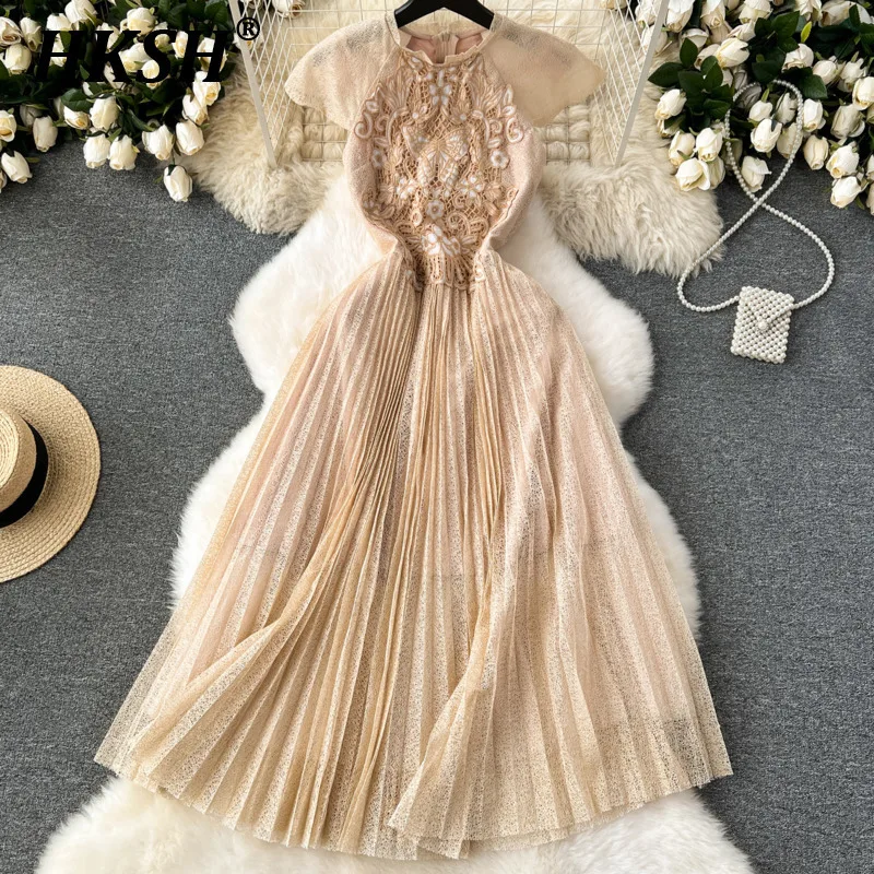 

HKSH Summer New Women Tide Chic French Fashion Elegant Temperament Formal Dress Embroidered Pleated Slim Long Skirt Dress HK5692