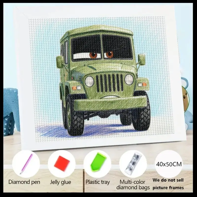 

1 шт. 5D DIY Full Drill Diamond Painting Kit, милый мультяшный зеленый военный джип-грузовик с экспресс-глазами Diamond Art, Crystal Rhi