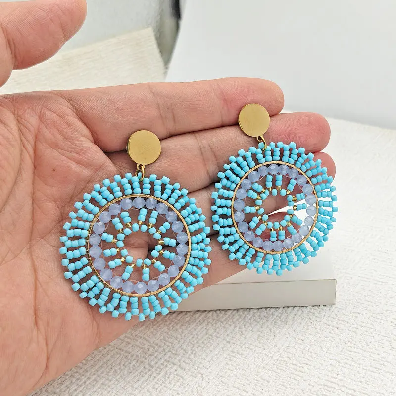 ZGMXR Rice bead earrings Crystal Circle Recessed design Hand-woven Alloy Woman Bohemia Fashion Simple Beaded earrings