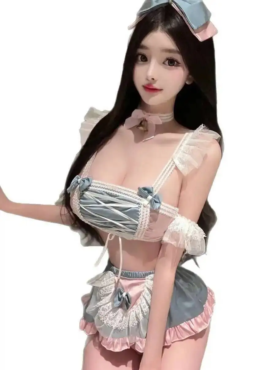 Sexy empregada roleplay uniforme tentação macio doce saia define sem costas profundo v suspensórios sem mangas canguru bolsa saia conjuntos pt0i
