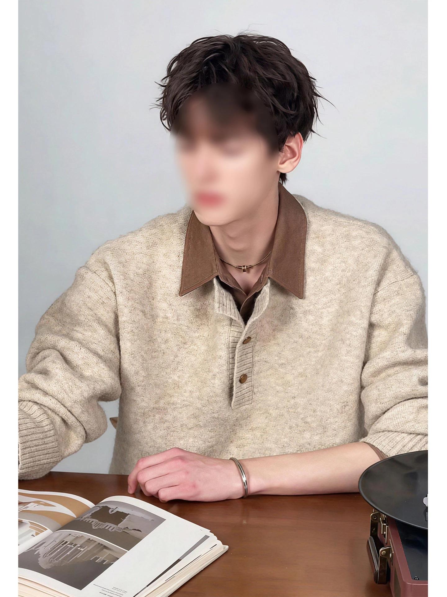 

Khaki Thiened Knitted Men's Sweater Collared Fake Two-Piece Base irt Lazy High-End American Sle Outerwear Spring Autumn