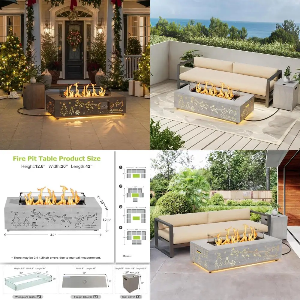 

Propane Fire Pit Table with Christmas Cutout, LED Lights, 50,000 BTU, Wind Guard Glass, Lid, Rocks, Cover