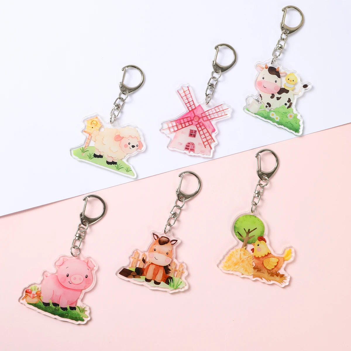 6pcs Farm Animal Party Gift keychain for Barnyard Party Favors Supplies Kid Birthday Baby Shower Party Animal Keychains Gift