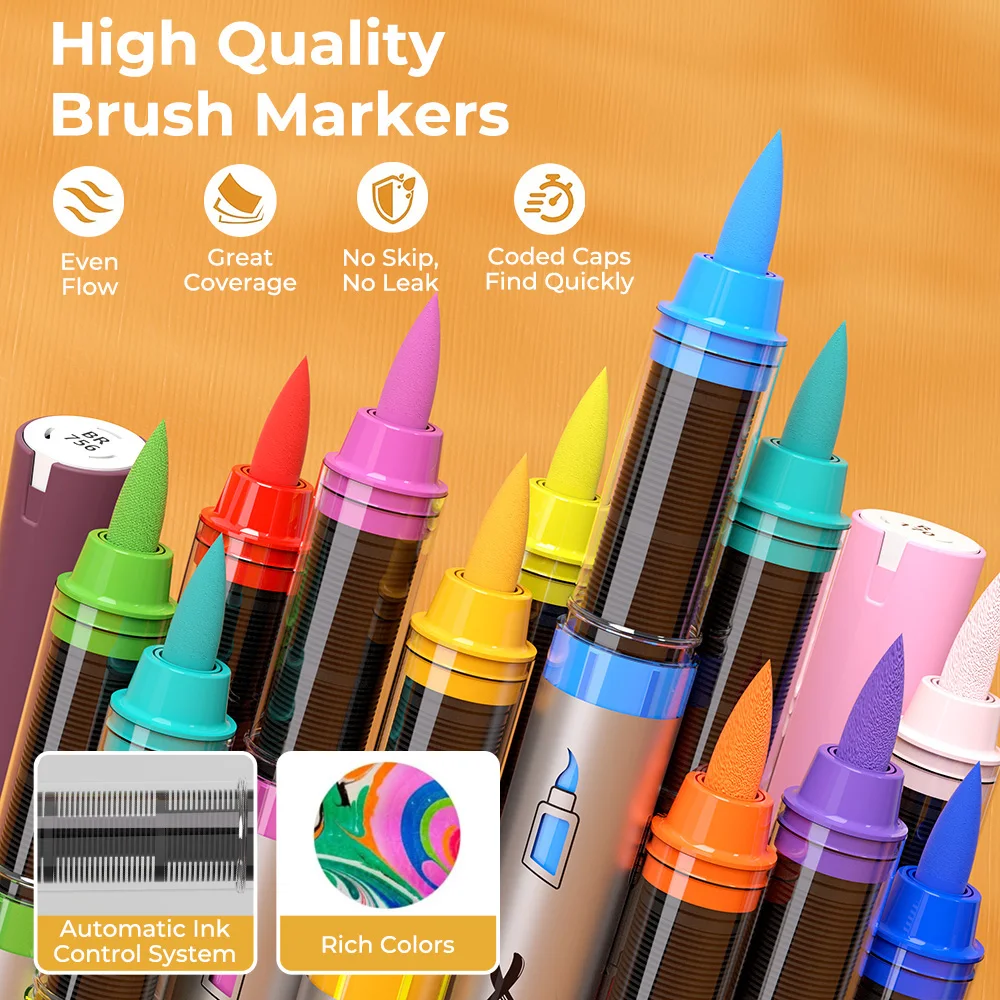 Automatic Ink Control Acrylic Paint Markers, 14 Colors Brush Tip Acrylic Paint Pens Set with 5 Professional Color Series