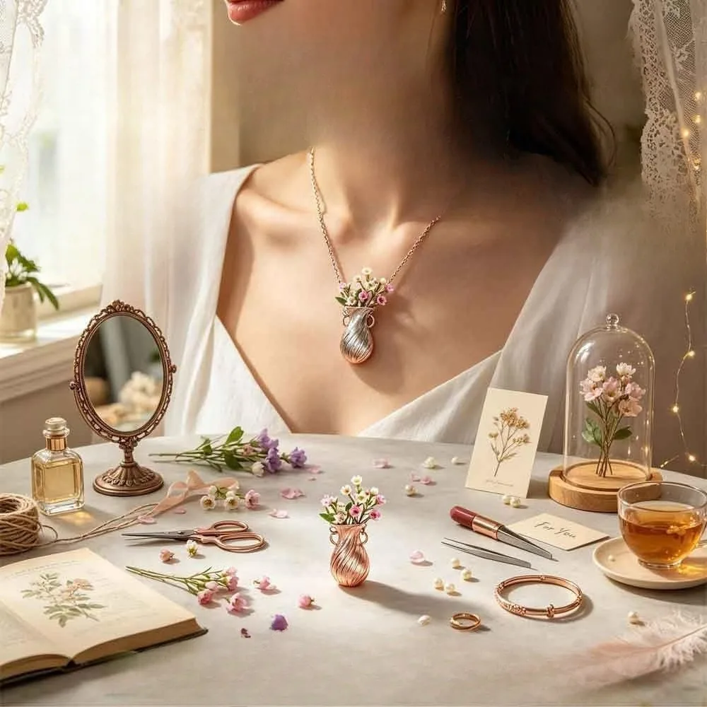 New Flower Bouquet Necklace Wearable DIY Sketch vase Pendant Necklace Vintage Can Be Inserted Flower Choker Chain Jewelry Gift