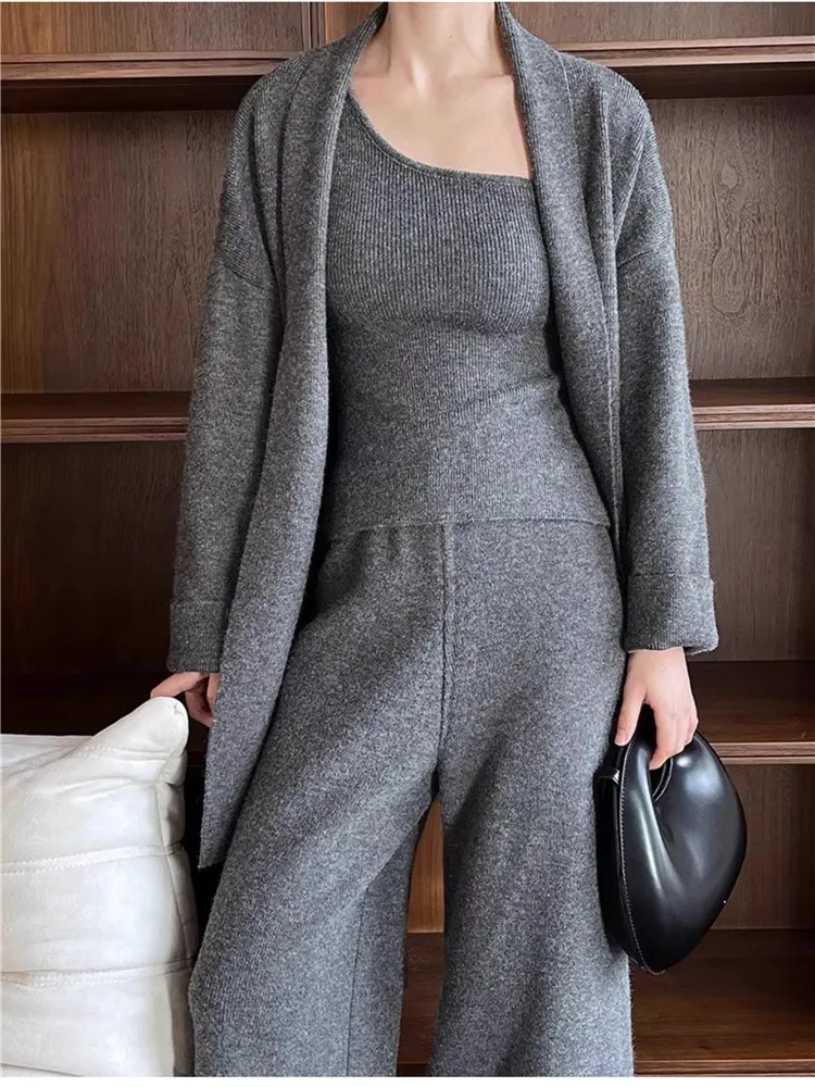 

Grey Beige Knitted Fall Winter 3 Piece Suits Off Shoulder Vest Top&Long Cardigan&Wide Leg Pants Sets Loose Casual 2pc Knitwear