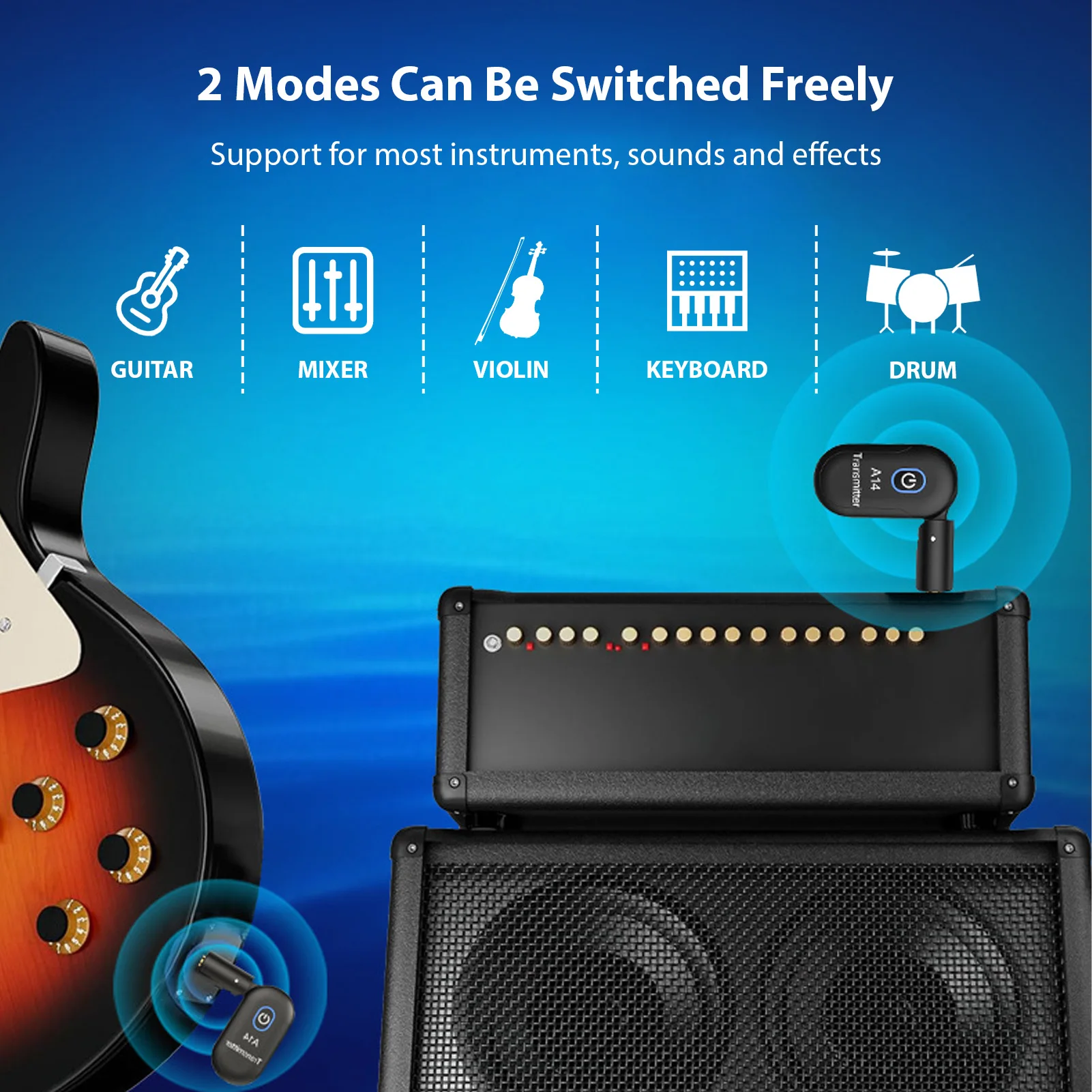 2.4G Wireless Guitar System Rechargeable Guitar Transmitter Receiver Set Dual Mode Switching 90-degree Rotatable Plug and Play