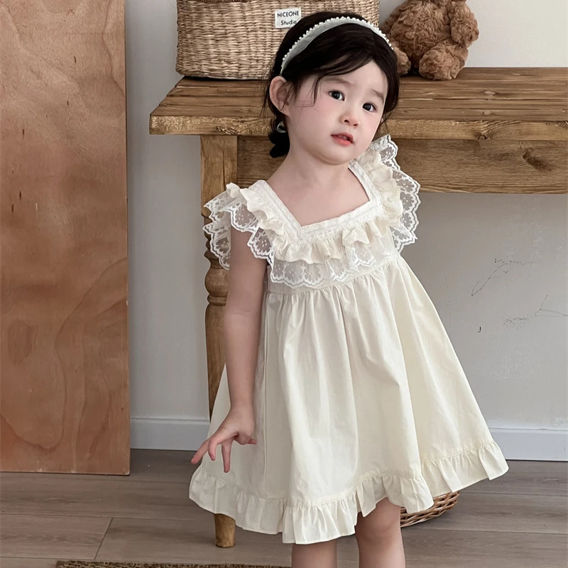 

Girls Skirt 2025 Summer New Childrens Clothes Korean Style Baby Girl Sweet Flying Sleeve Lace Dress Casual Simple Daily