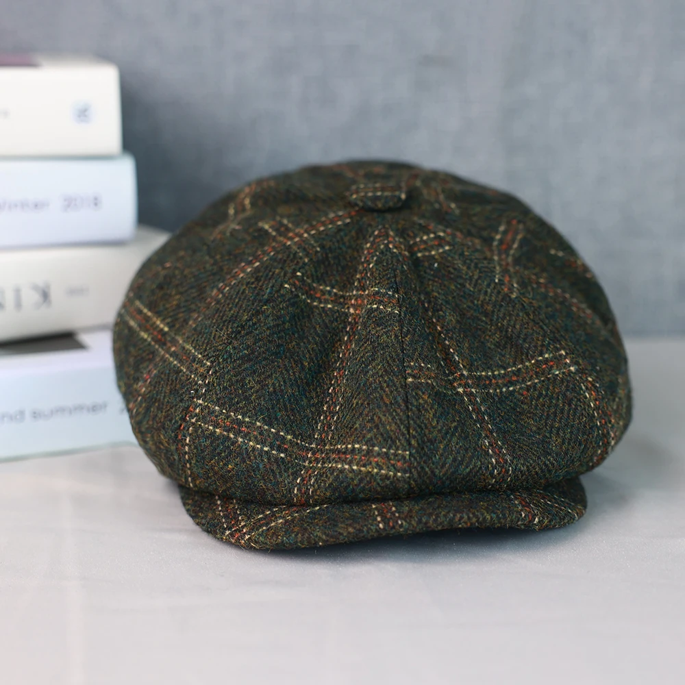 Green Plaid New Wool Flat Cap Men\'s Golf Cabbie Hat Gatsby Ivy Cap Irish Hunting Hat Newsboy Driver Cabbies Beret 015