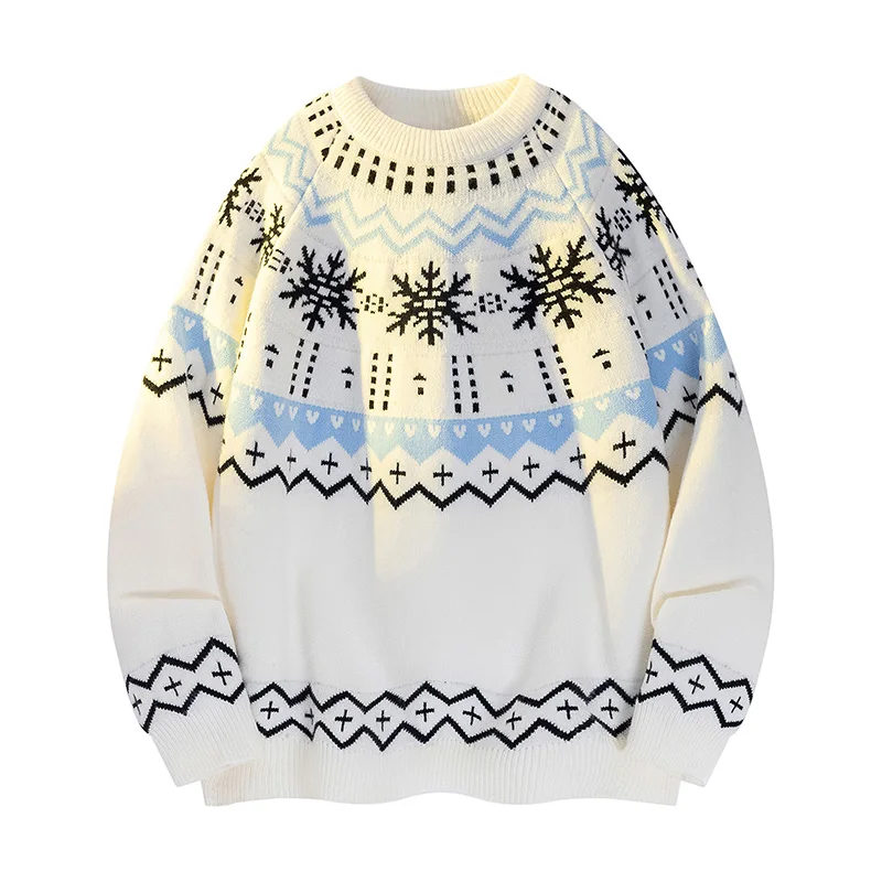 

Christmas Snowflake Jacquard Festive Atmosphere Round Neck Loose Sweater Warm Knitwear Men's Autumn and Winter Christmas Season Outfit Loose Fit Unique Christmas Style Knitwear