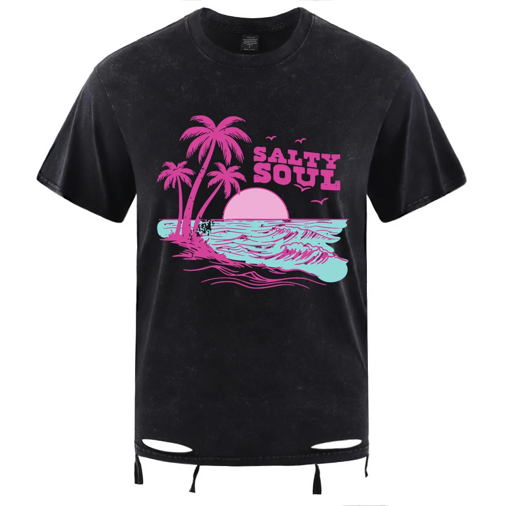 

Футболка Salty Soul By The Seaside Under The Sunset с принтом, мужская хлопковая свободная футболка с круглым вырезом, универсальный креативный топ унисекс