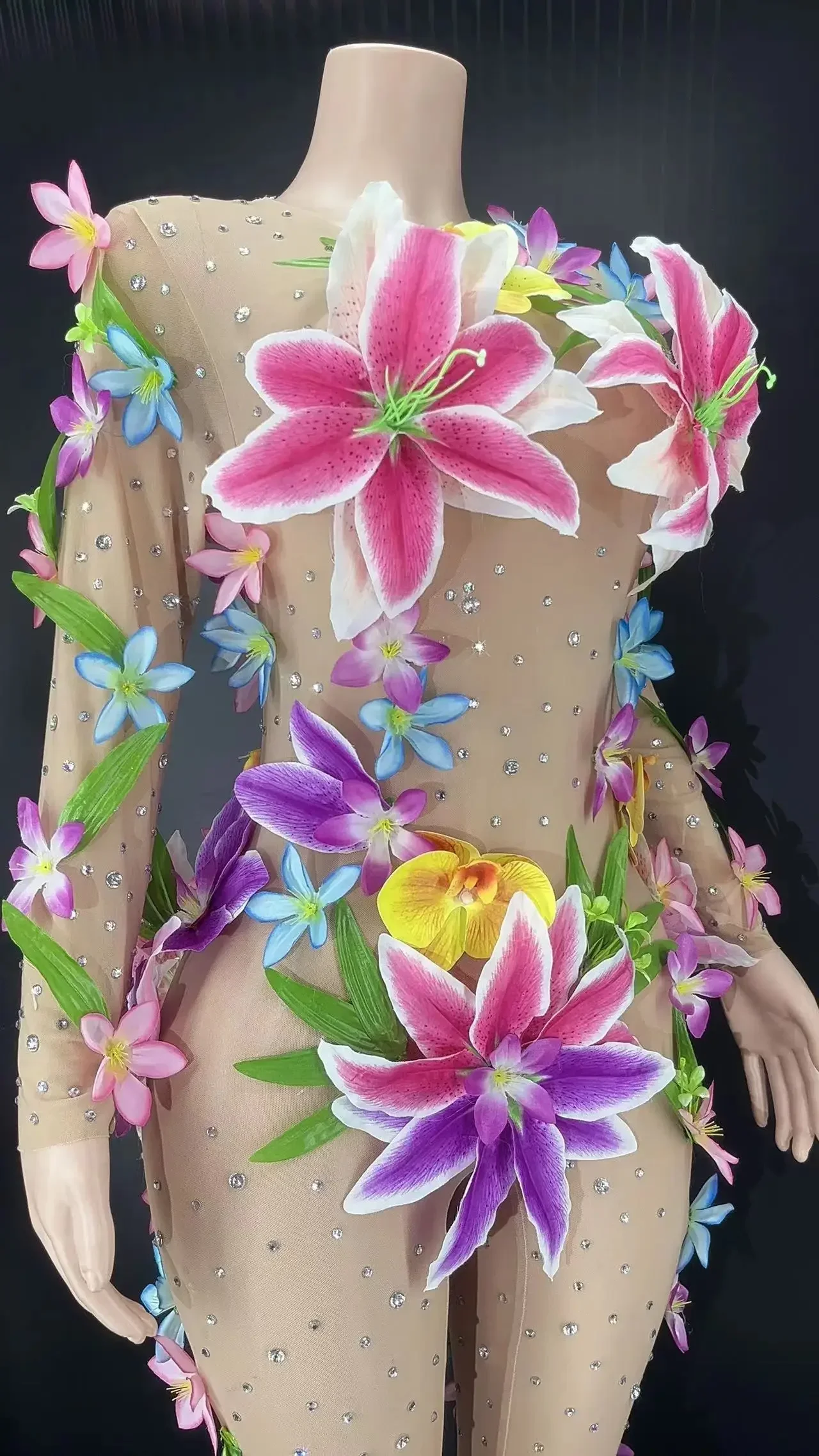 Sexy vedere attraverso la tuta a fiori discoteca festa performance costume abbigliamento da palcoscenico regalo da donna di lusso