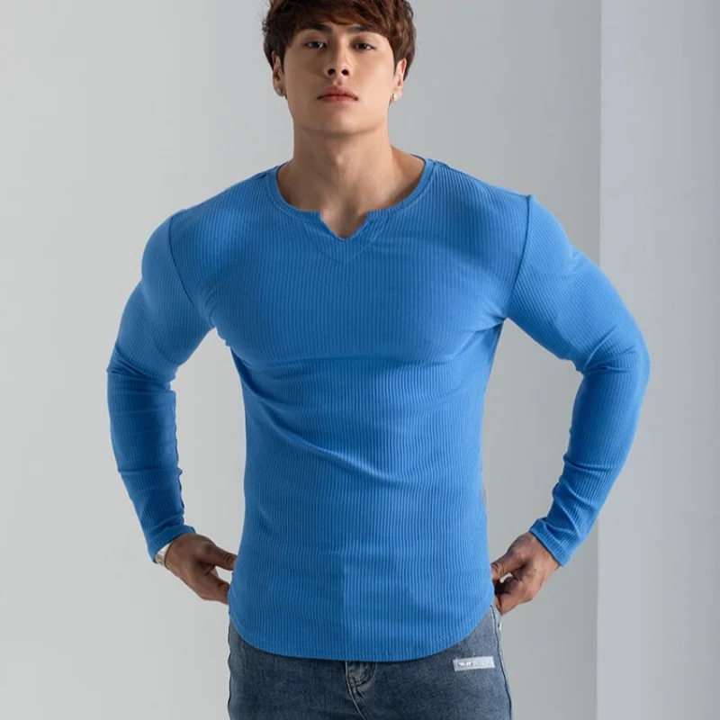 Men Summer Slim Fit Fashion Long Sleeved Top Fitness Motion Hip Hop Streetwear Running And Fitness V Neck Trend Top