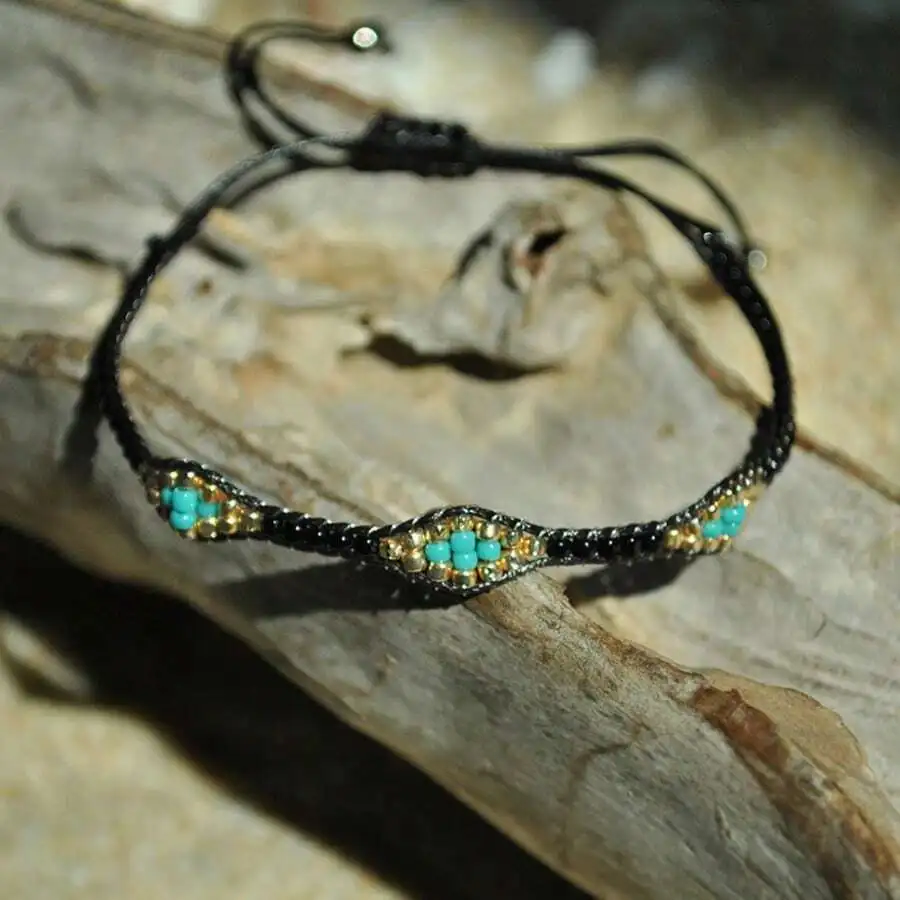 

Black Braided Adjustable Bracelet With Turquoise And Gold Seed Beads Handcrafted For Women Boho Jewelry