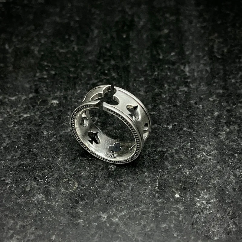 

Vintage Blackened Silver Poker Club & Diamond Open Ring Handmade Hip Hop Style Unisex Finger Ring