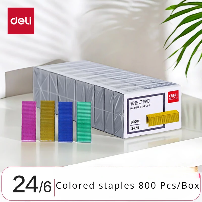 Deli-24/6 Grampos Coloridos, Material de Escritório, Pode Pedir 25 Páginas, 800 Pcs por Caixa, 0211