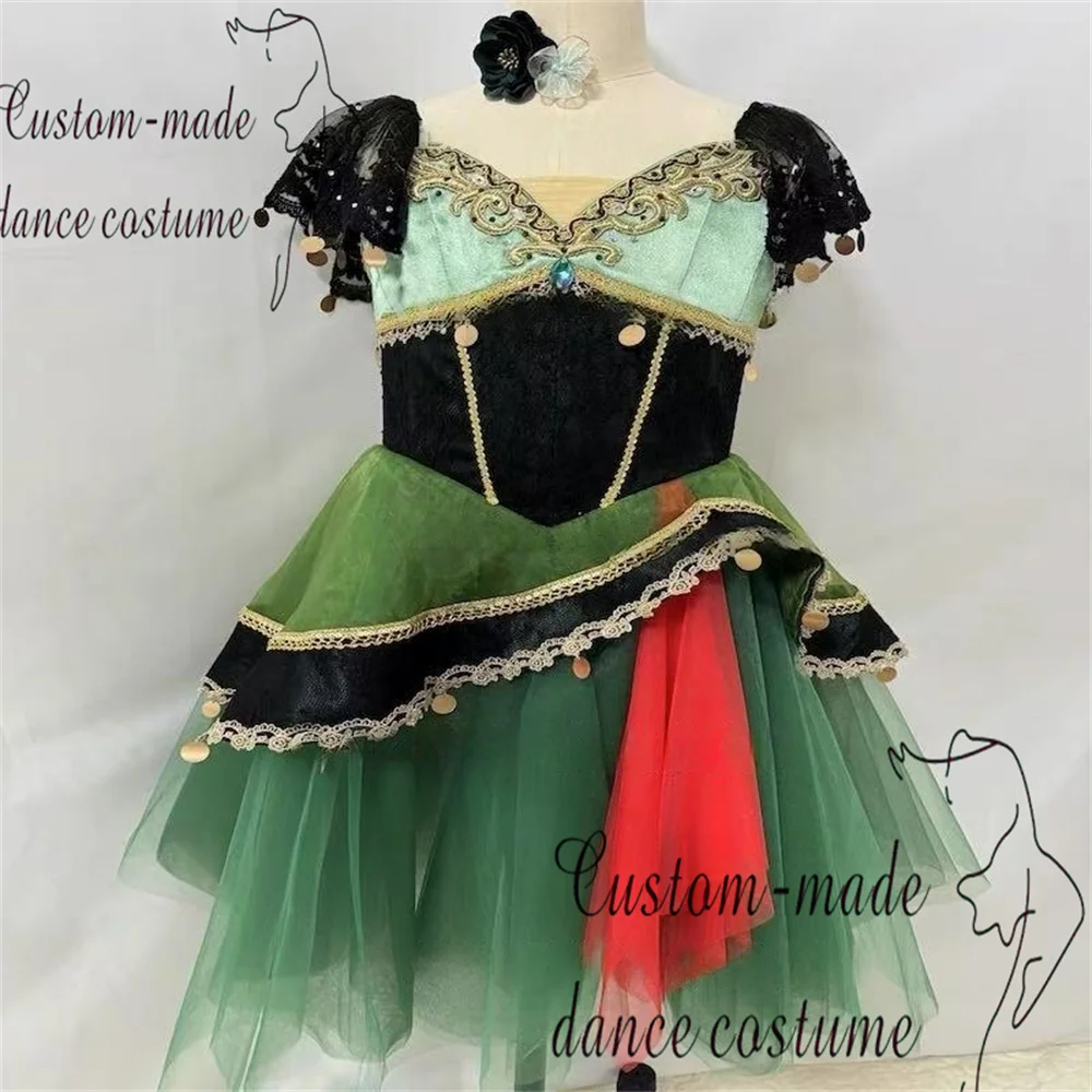 Jupe de ballet à variation pour femme Esmeralda, vert foncé, noir, rouge, broderie dorée, jupe longue en gaze moelleuse sertie de diamants