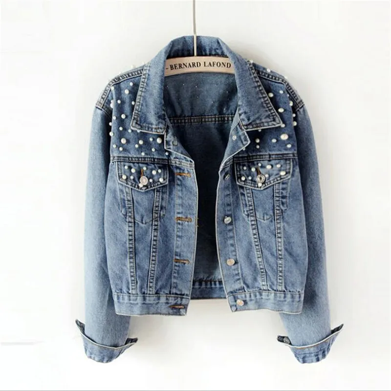 

Beading Woman Jacket 2023 Summer New Rivet Long Sleeve Casual Tops Ladies Beaded Pearls Loose Denim Clothes Jean Jacket Women