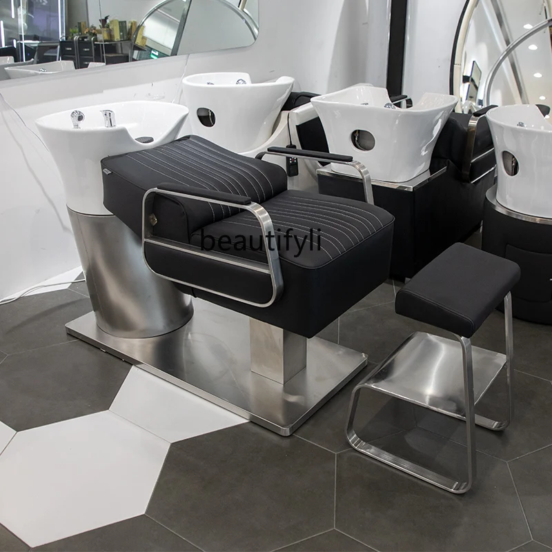 Shampoo Chair High-End Stainless Steel Flushing Bed Salon Half Lying Massage Couch Ceramic Deep Basin