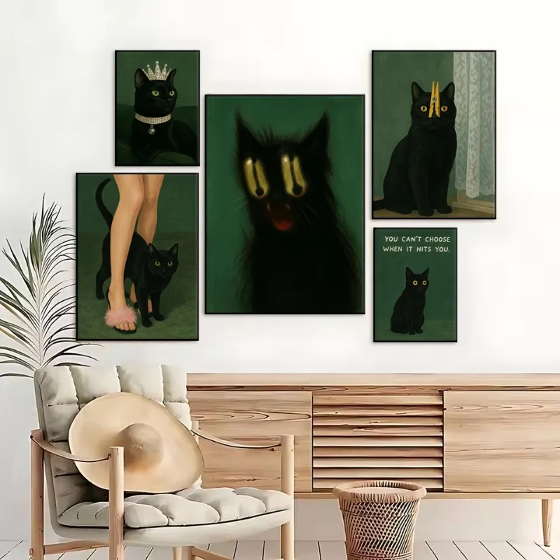 Moody Black Cat Green Background Poster Smoking Cats with Whiskey Canvas Painting Humor Animal Wall Art Living Room Home Decor