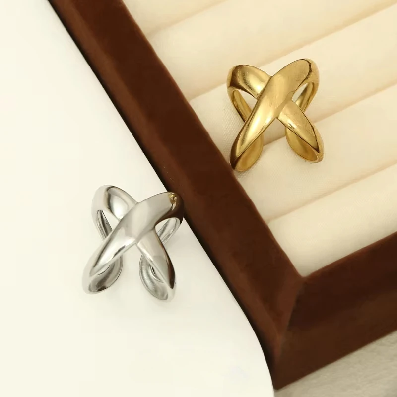 Uorich Retro Simple Cross Opening Rings for Women Stainless Steel Gold Plated 18k Waterproof Non-fading Jewelry Gifts Daily Wear