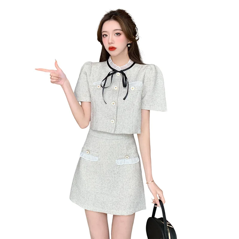 

Grey women's tweed short sleeved jacket+short skirt set, new summer age reducing small fragrance fashion set