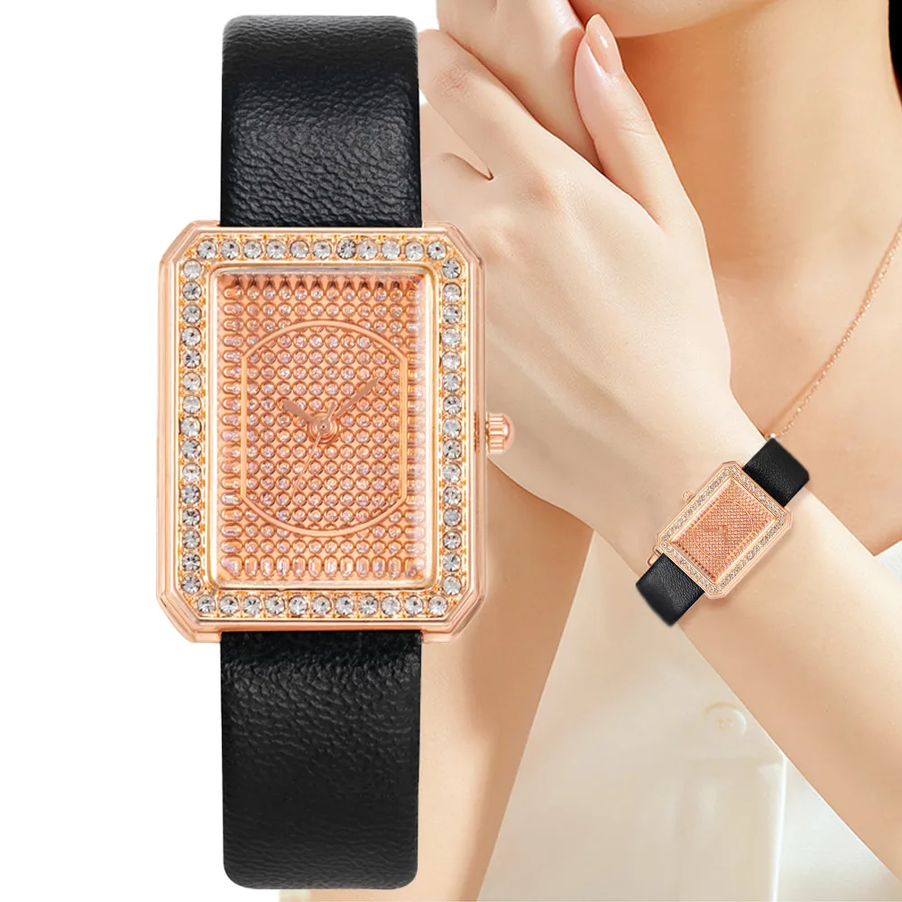 

Luxury ladies Watch Fashion Square Sparkling With Diamonds Quartz Watches Black Leather Women Watches Clock Gifts Wristwatches