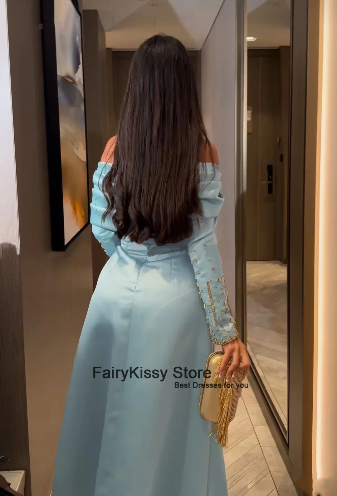 FairyKissy Off Shoulder Prom Dresses Gold Beads Long Sleeves Buttons Formal Evening Dresses Wedding Party Dress vestidos de gala