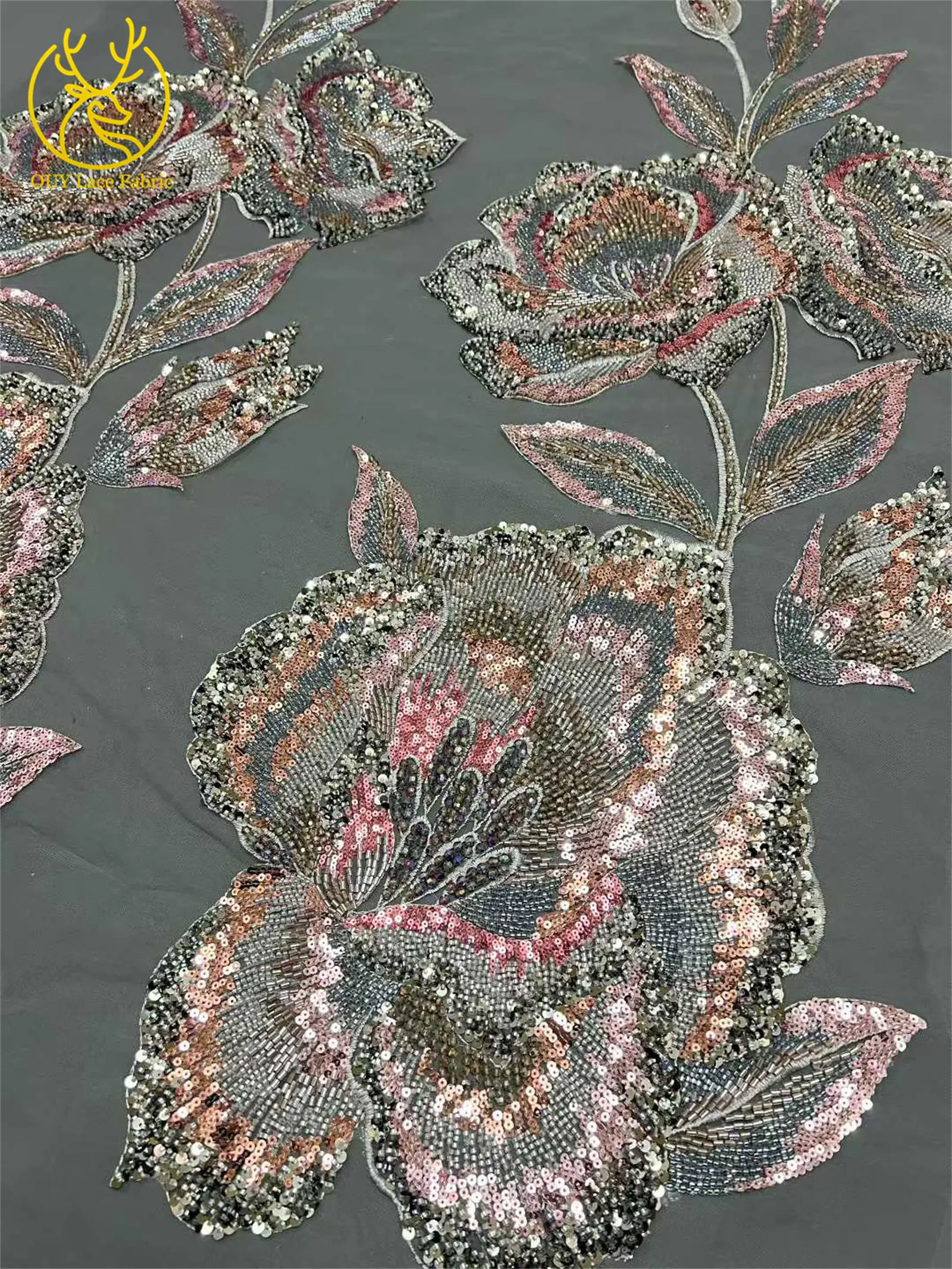 Nigeria Große Blumen Perlen-Spitzenstoff 2026 Luxuriöser Afrikanischer Spitzenstoff 5 Yards Französischer Pailletten-Spitzenstoff für Party- und Abendkleider – Detail 19