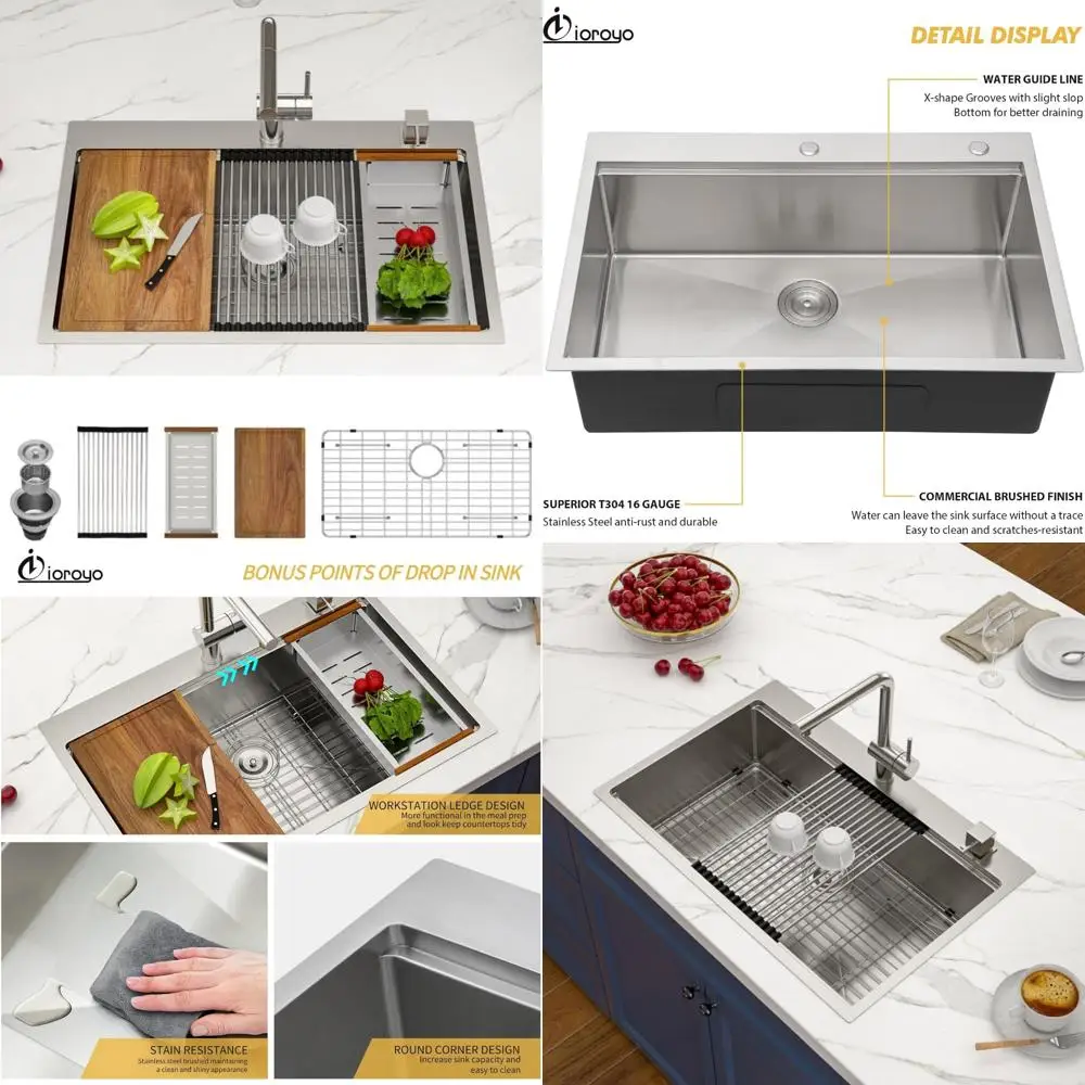 

Stainless Steel 33x22 Inch Drop-In Kitchen Sink with 16 Gauge T304 Ledge Workstation Design