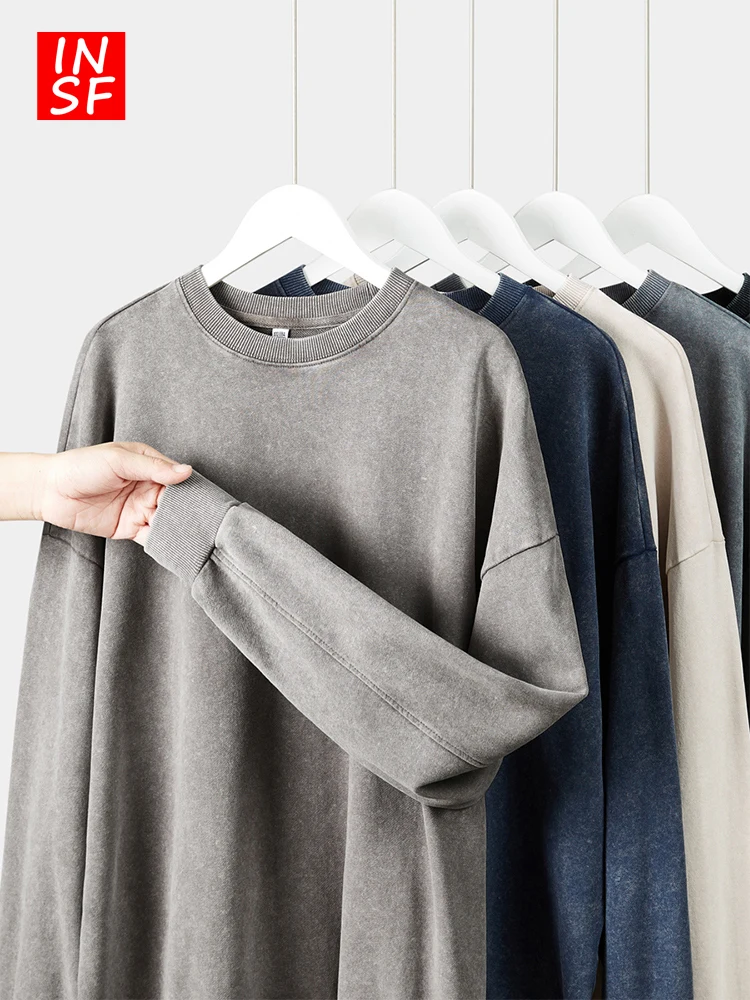 

Мужской свитшот из плотного чистого хлопка с круглым вырезом, в американском ретро-стиле, модный, с длинными рукавами, свободного кроя, цветной.