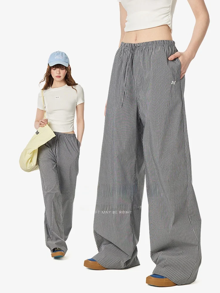 

TurnSignal Casual Sporty Thin Wide Leg Pants Women Spring Autumn High Waist Street Style Striped Loose Fit Long Trousers