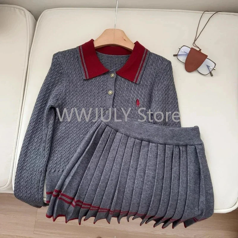 Preppy Style New Patchwork Long Sleeved Cardigan Sweater Women + Pleated Knitted A-line Mini Skirt Korean Fashion Two Piece Set