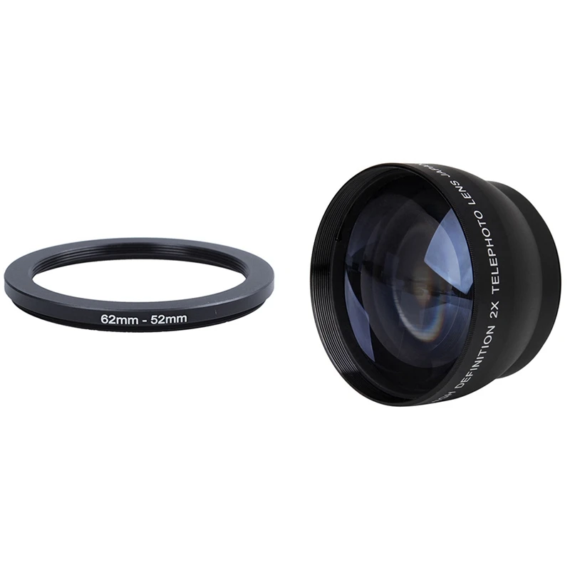 HFES 62Mm-52Mm 62Mm To 52Mm Black Step Down Ring Adapter & 52Mm 2X Magnification Telephoto Lens For Nikon AF-S 18-55Mm