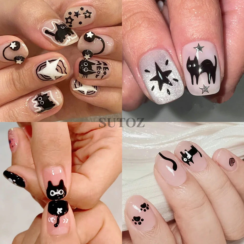 Black Cat Nail Stickers Cute Cartoon Pop Comic Nail Decals Y2K Kawaii Bows Charms Love Heart Words Sliders for Manicure NLSO-231