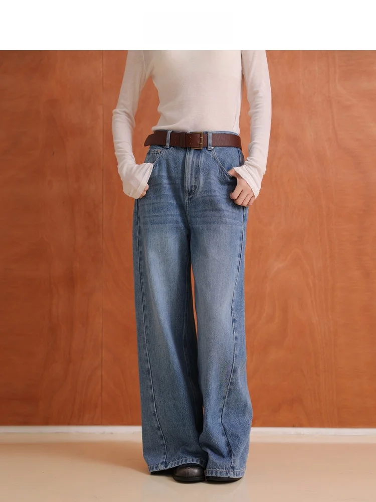 High Waist Wide Leg Jeans Slimming Knife  Casual Straight Cut Cotton Denim Blue Color Airiqi25 Autumn New Sle