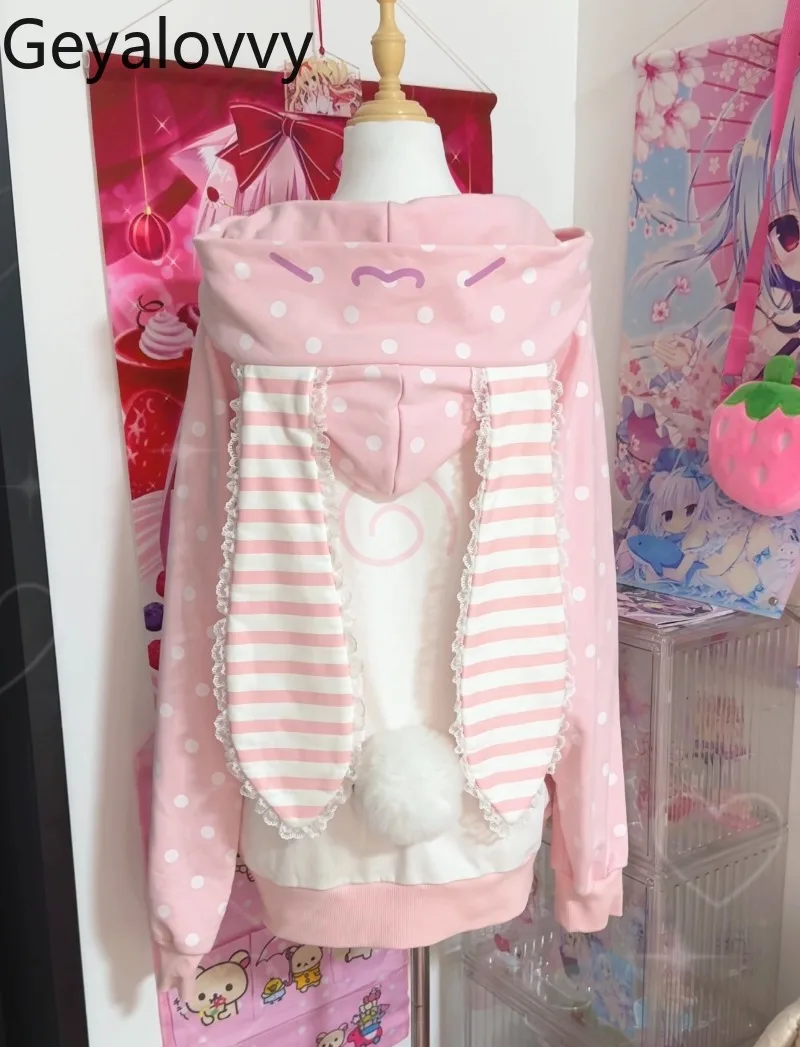 

Original Japanese Style Pink Polka Dot Long Sleeve Sweatshirt Jacket Spring Autumn New Sweet Cute Women's Hooded Zipper Hoodies