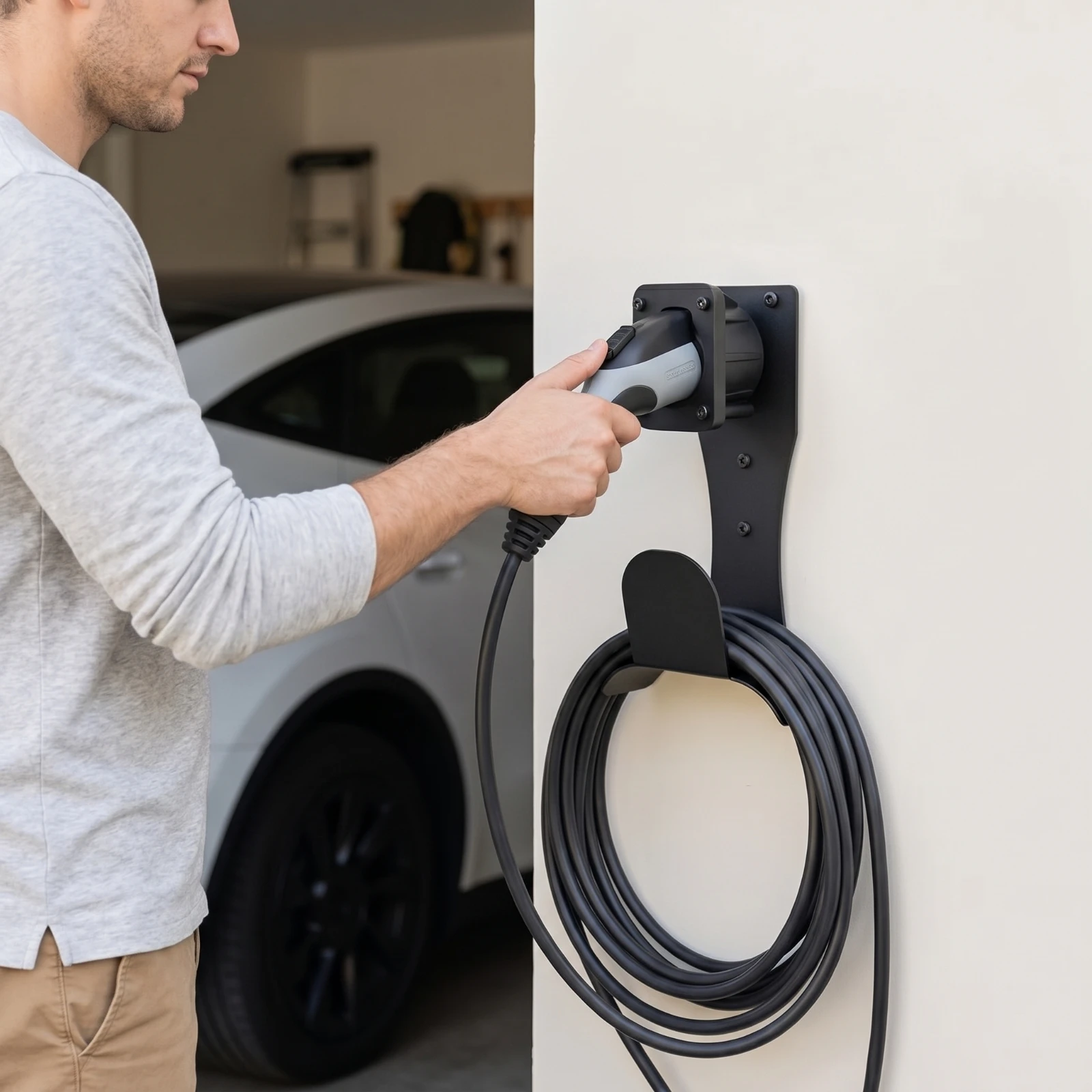 Type 2 Charger Dock with Cable Hook Space-Saving EV Charging Holder Type 2 Connector Holder Organized Wall Mount Heavy-Duty view 6