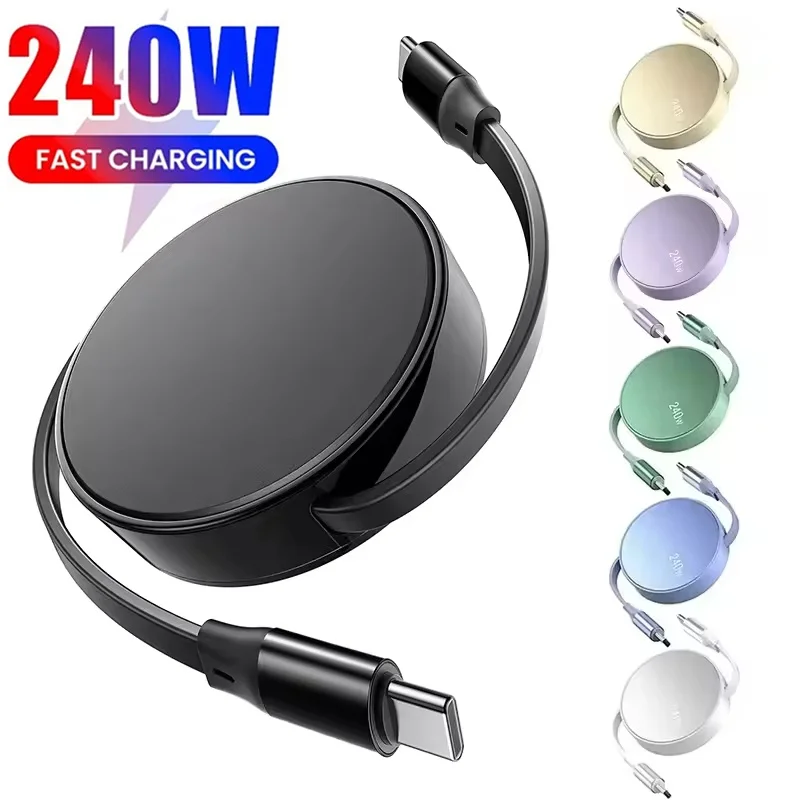 Retractable Type C PD Cable 240W USB C Fast Charging Data Cord For iPhone 16 Xiaomi Huawei MacBook iPad Laptop Fast Charger Wire