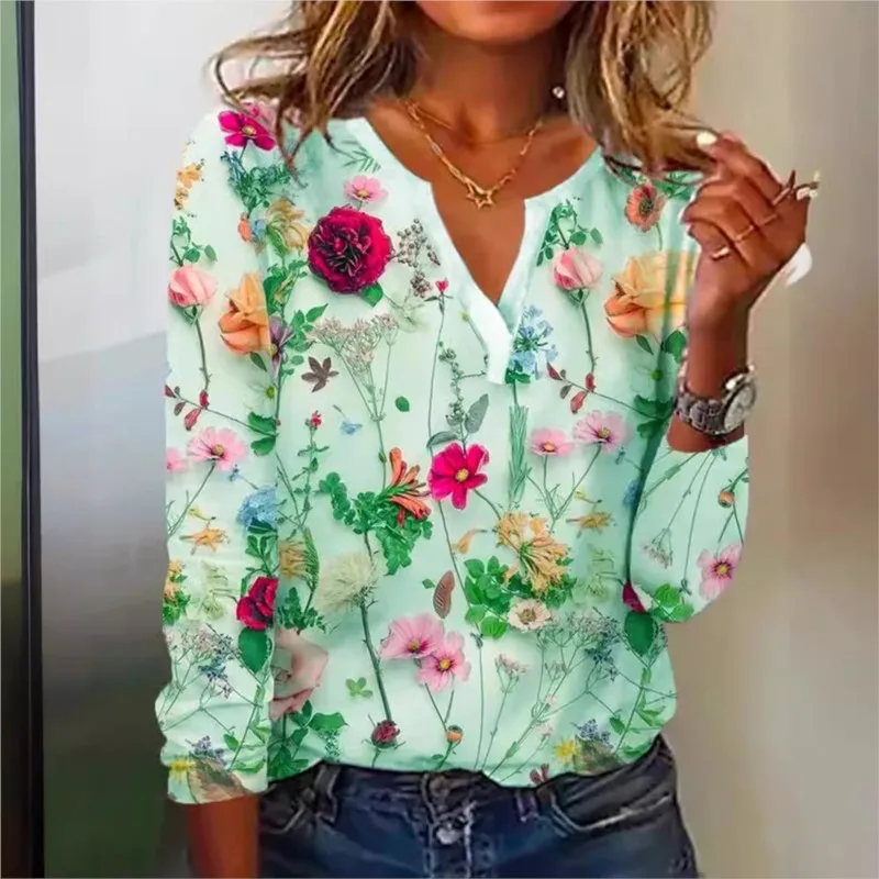 Vintage Flower Printed Long Sleeve T-shirt Autumn Women Loose Elegant Tops V-neck Office Lady Vacation Beach Casual Sweet Blouse