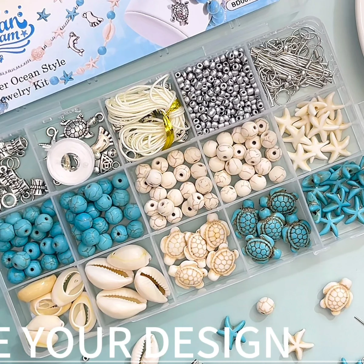 715Pcs Turquoise Ocean Blue White Summer Beach Bead Kit, Turtle Shell Starfish Shape Beads for DIY Jewelry Making Bracelets Earr image 5