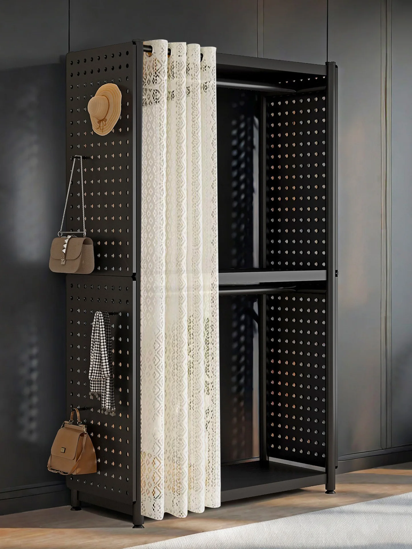 

Wardrobe Household Bedroom Hole Board Shelf Storage Cabinet Easy Assembly Rental Room Cloakroom Metal Hanger Floor