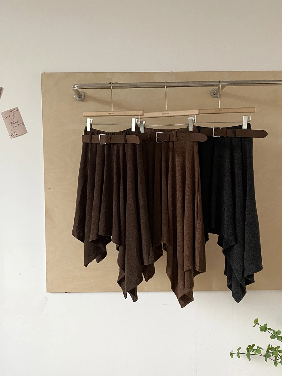 

Ретро-юбка А-силуэта с высокой талией и асимметричным подолом для женщин, с поясом, в корейском стиле, утягивающая, средней длины, осенняя новинка